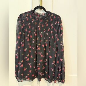 Banana Republic Smocked Long Sleeve Blouse. XL Tall. Black Floral.